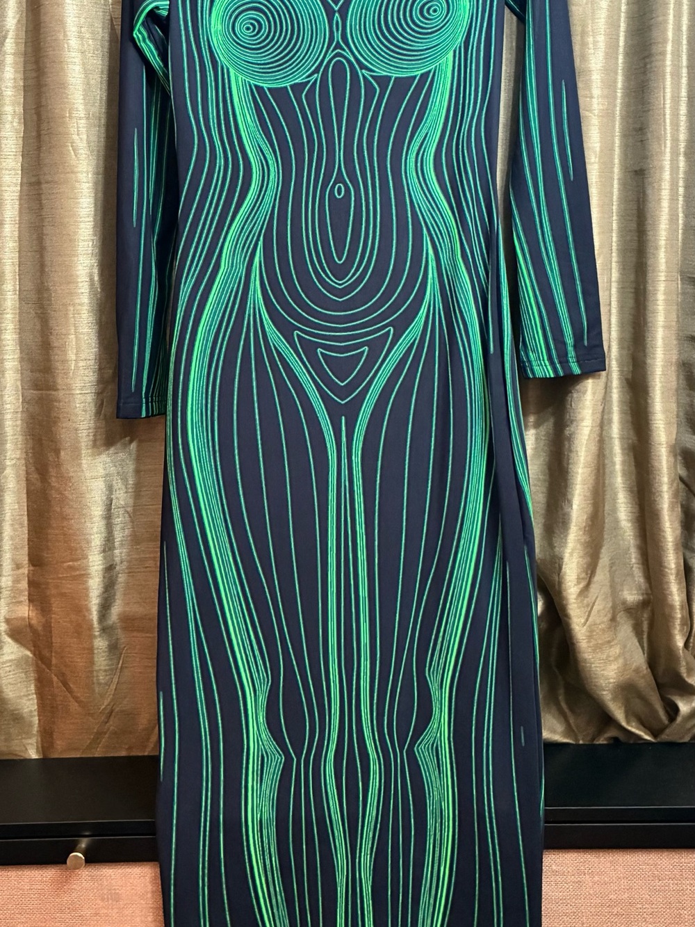 Long Sleeve Navy Dress with Emerald Contour Pattern